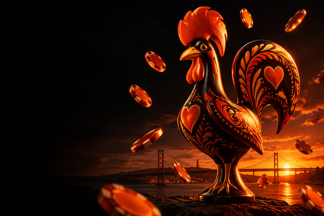 Galo de barcelos estilizado ao pôr do sol sobre o Tejo, com fichas de casino a voar